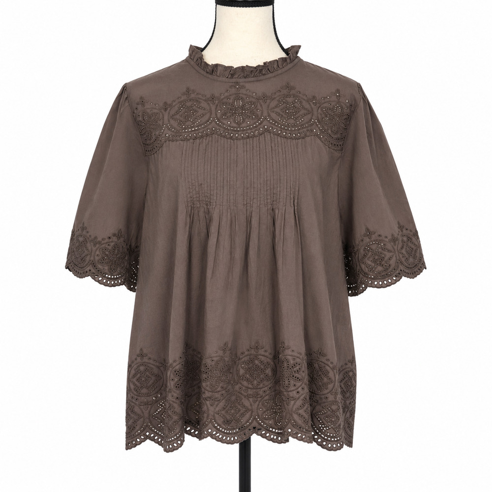 Madewell Embroidered Pintuck High-Neck Top Womens Size XL Brown 100% Cotton NWT